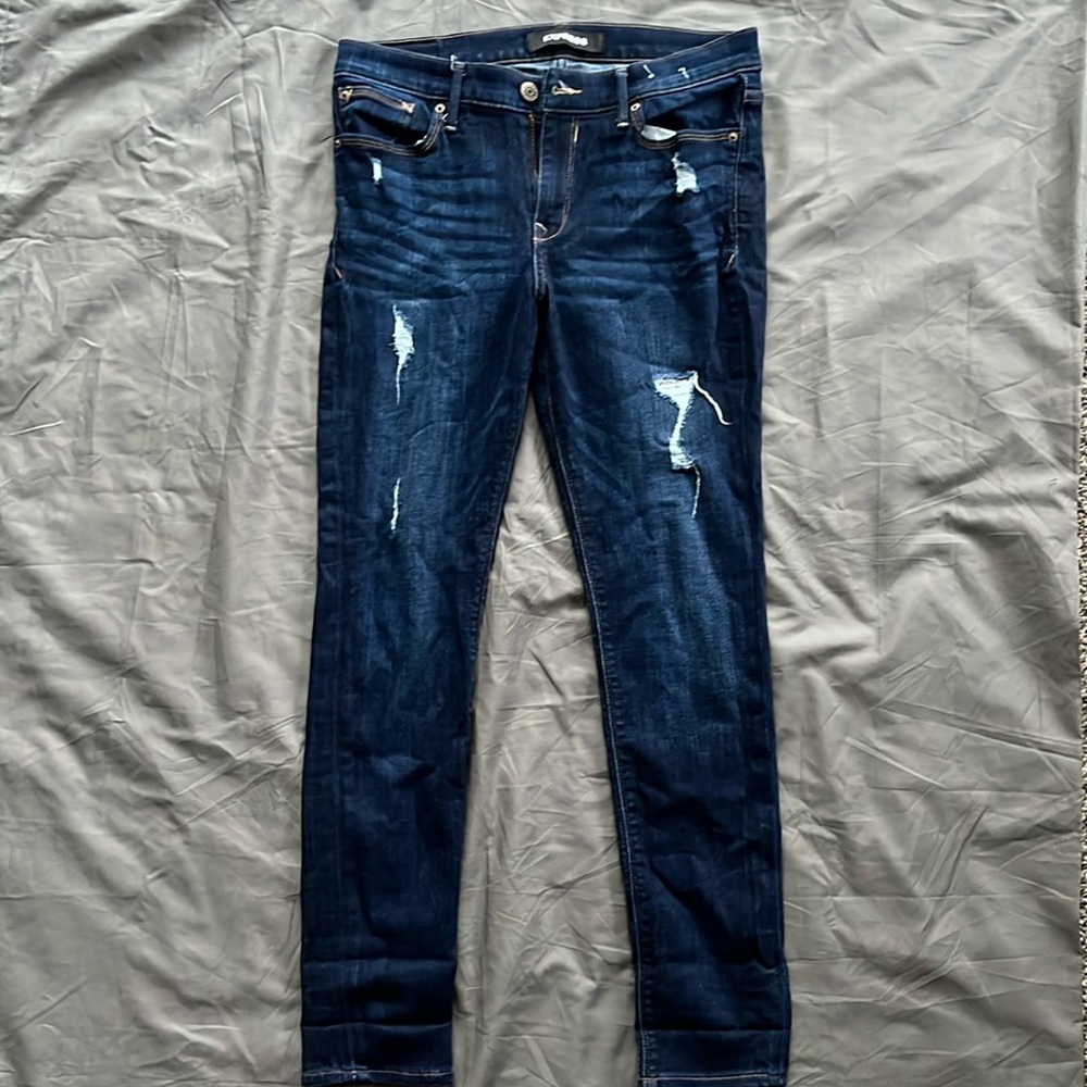 #75 Express Mid Rise Dark Wash Distressed Jean Size 8